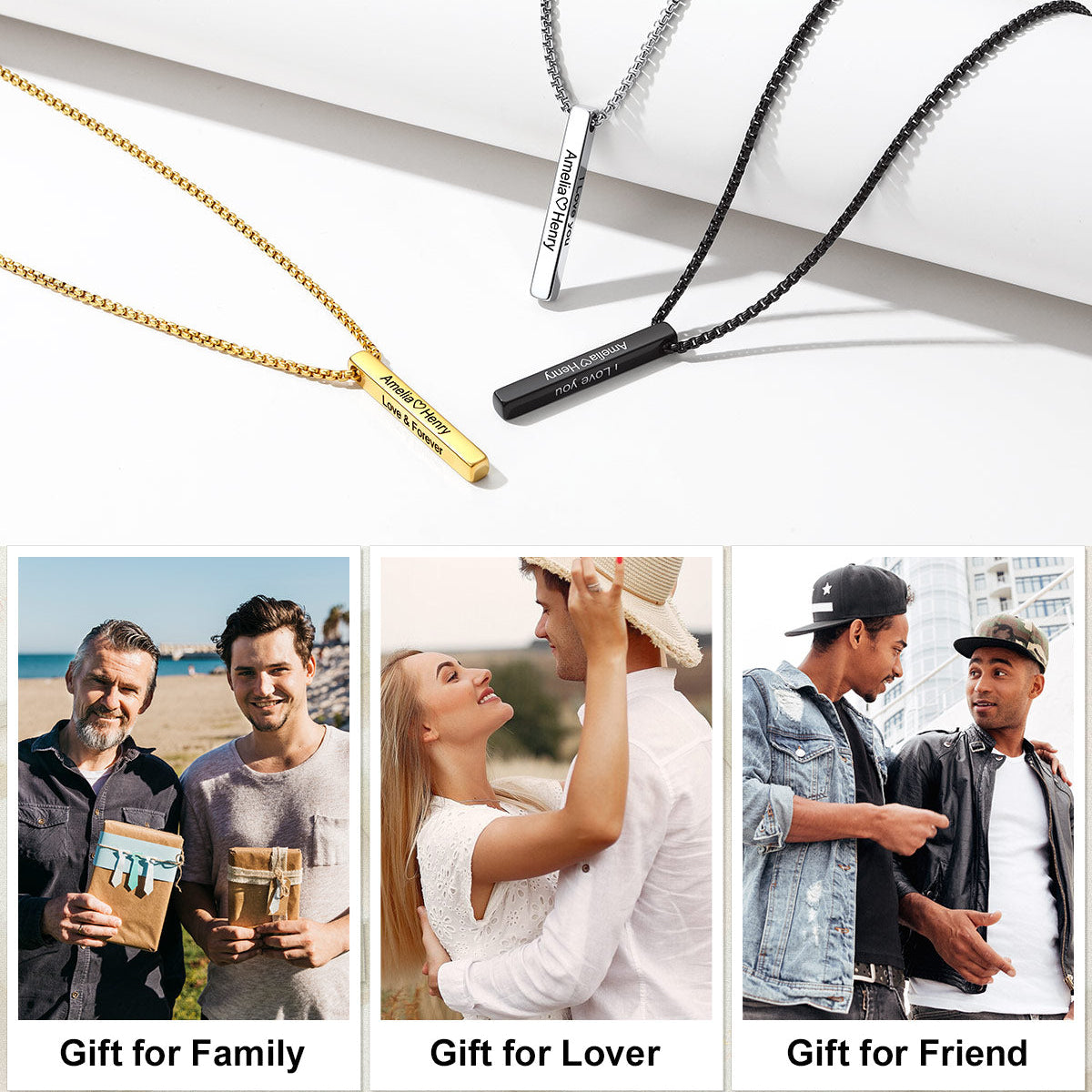 Three necklace keepsakes shown on a white background with promotional text reading 'PERFECT GIFT CHOICE' and three small lifestyle photos at the bottom labeled 'Gift for Family,' 'Gift for Lover,' and 'Gift for Friend.'.