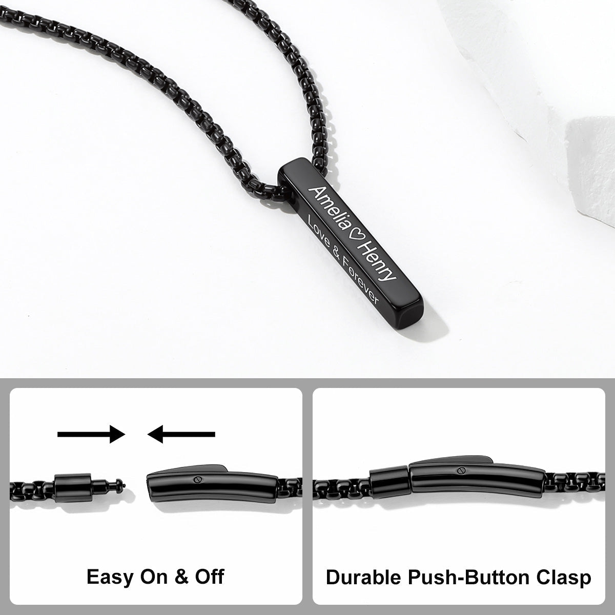 Black stainless steel bar pendant necklace with engraved name 'Amber Henry' on a white background, featuring text overlays and close-up insets of the clasp mechanism.