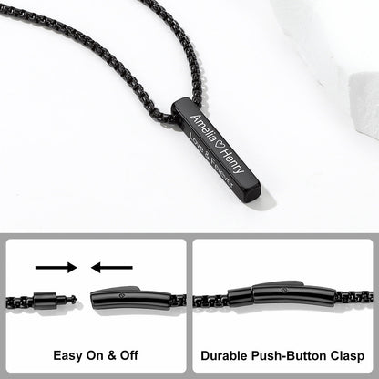 Black stainless steel bar pendant necklace with engraved name 'Amber Henry' on a white background, featuring text overlays and close-up insets of the clasp mechanism.