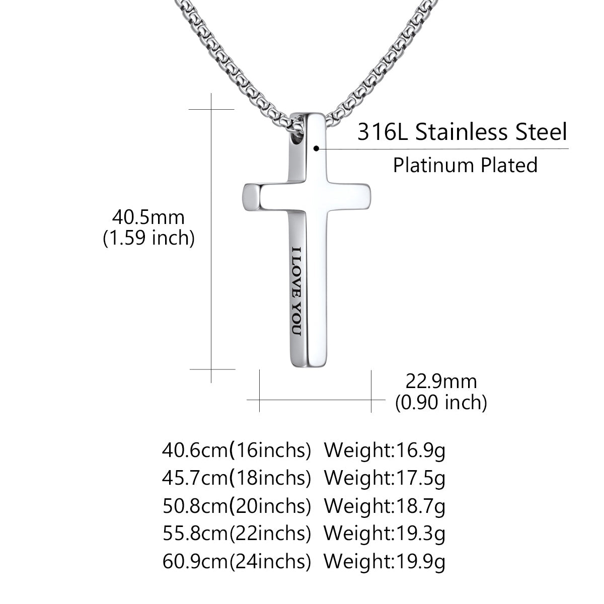 Silver cross necklace with measurement details on a white background