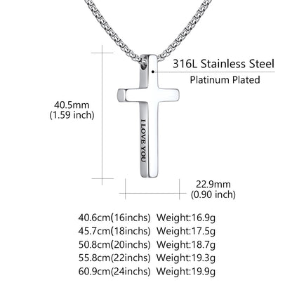 Silver cross necklace with measurement details on a white background