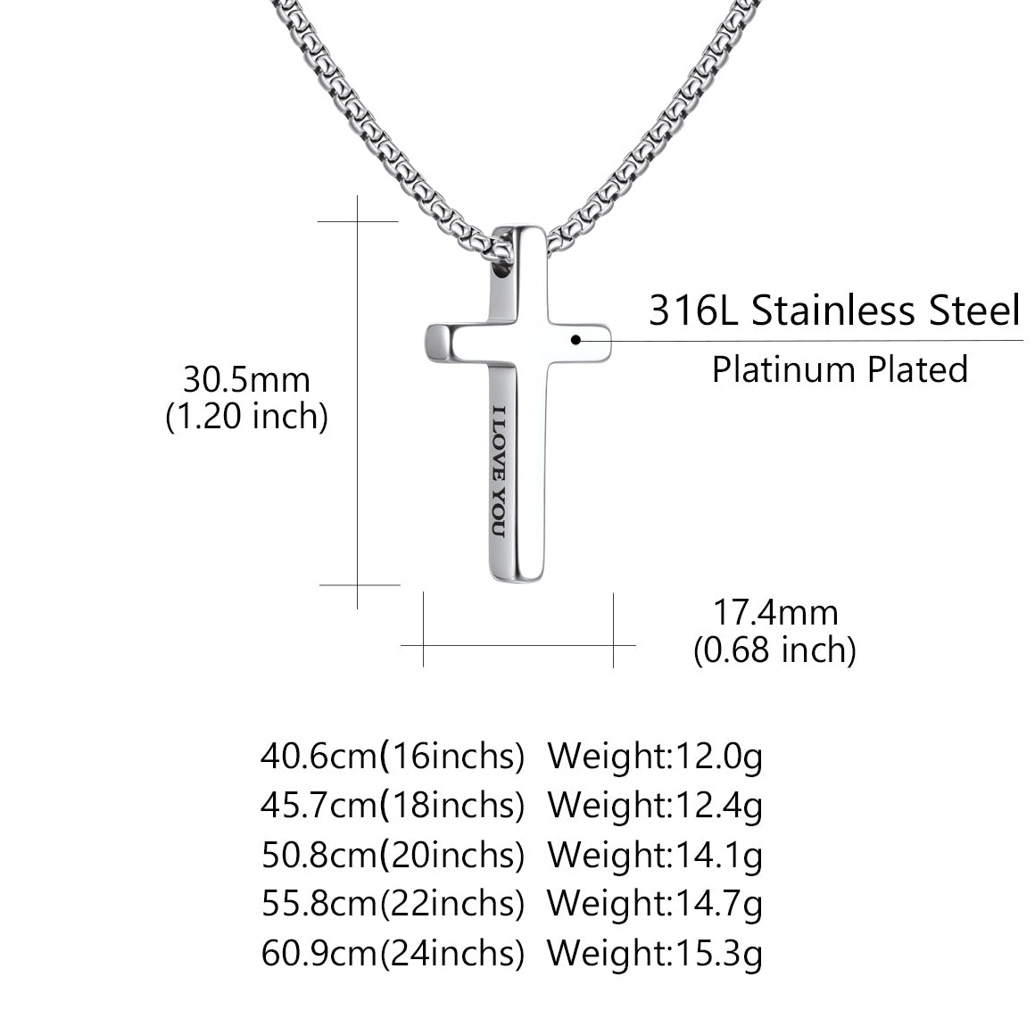 Stainless steel cross necklace with measurement details on a white background