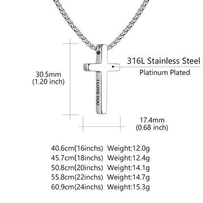 Stainless steel cross necklace with measurement details on a white background