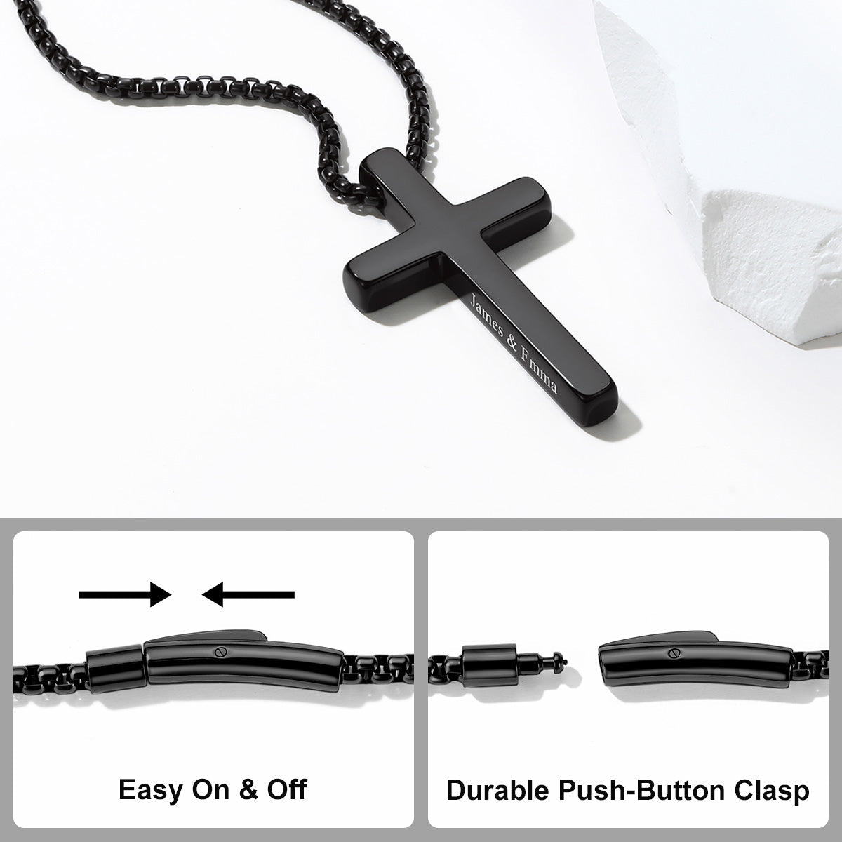 Black stainless steel cross pendant necklace on a white background with text reading 'STAINLESS STEEL CROSS NECKLACE' and feature callouts showing the push-button clasp and easy on/off design.