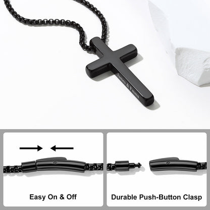 Black stainless steel cross pendant necklace on a white background with text reading 'STAINLESS STEEL CROSS NECKLACE' and feature callouts showing the push-button clasp and easy on/off design.