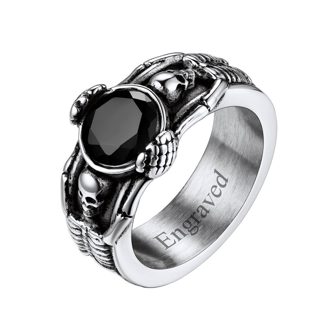 Personalized Engraving Black Onyx Skull Band Ring