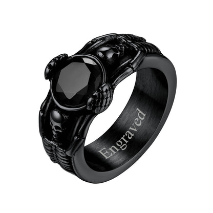 Personalized Engraving Black Onyx Skull Band Ring