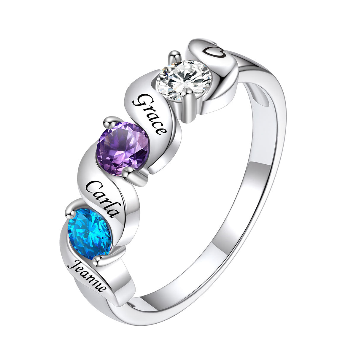 Personalized Engraved Mothers Birthstone Ring with Names in Sterling Silver
