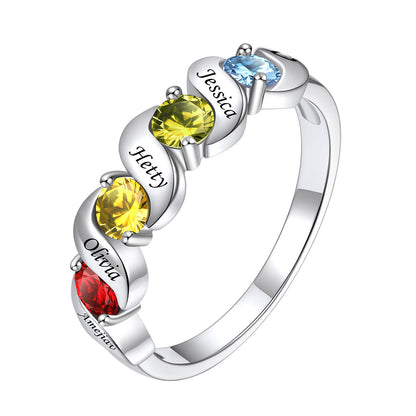 Personalized Engraved Mothers Birthstone Ring with Names in Sterling Silver