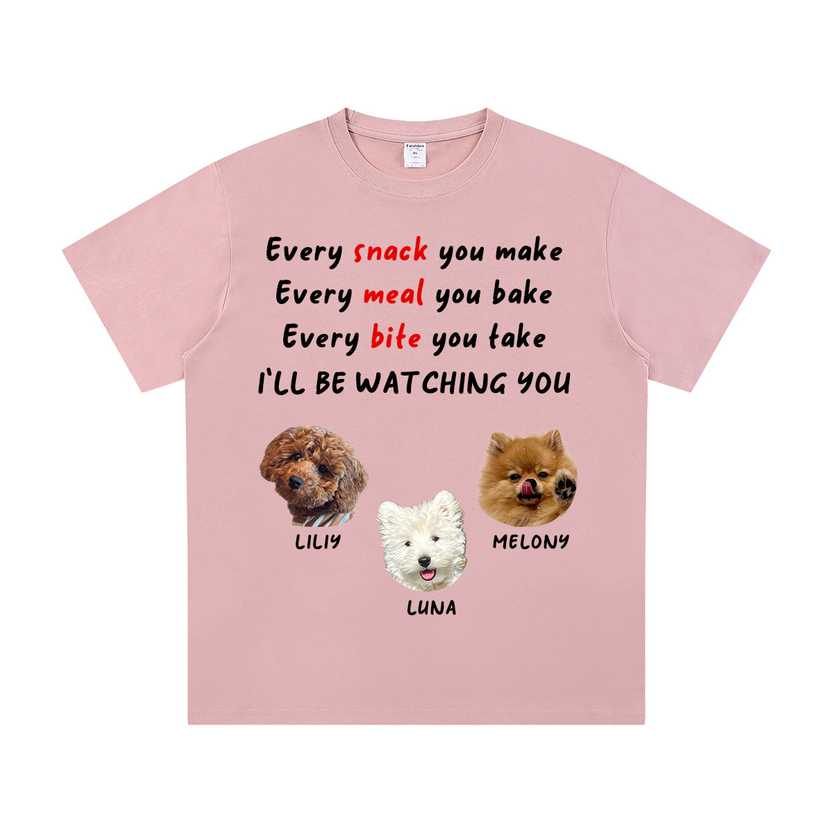 Pink t-shirt with 3 dogs illustrations and text on a white background