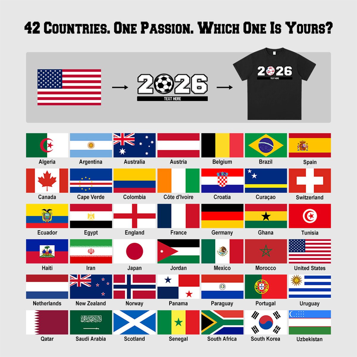 CFT50663-S-85-B6-World Cup 2026 National Flag Soccer T-Shirt Custom Football Fan Tee