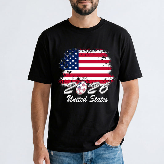 Person wearing a black world cup soccer t-shirt with an American flag and '2026 United States' text on a white background