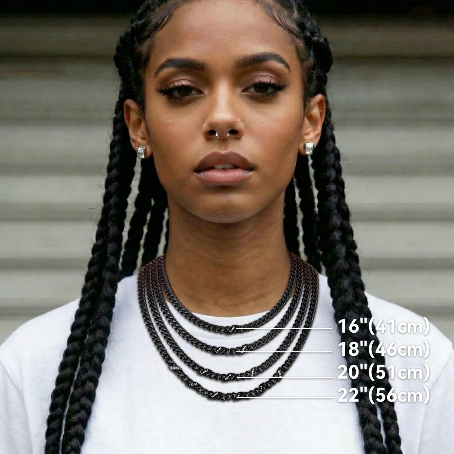 Woman wearing a name chain necklace with measurement labels.
