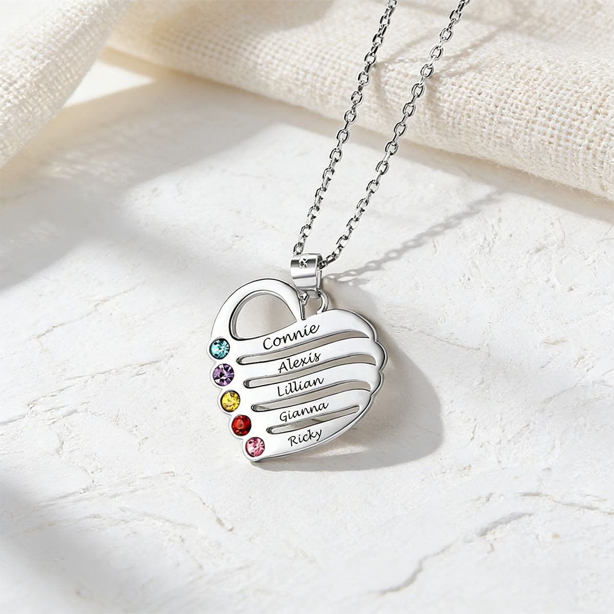 Sterling Silver Custom Heart Necklace With Name And Birthstone