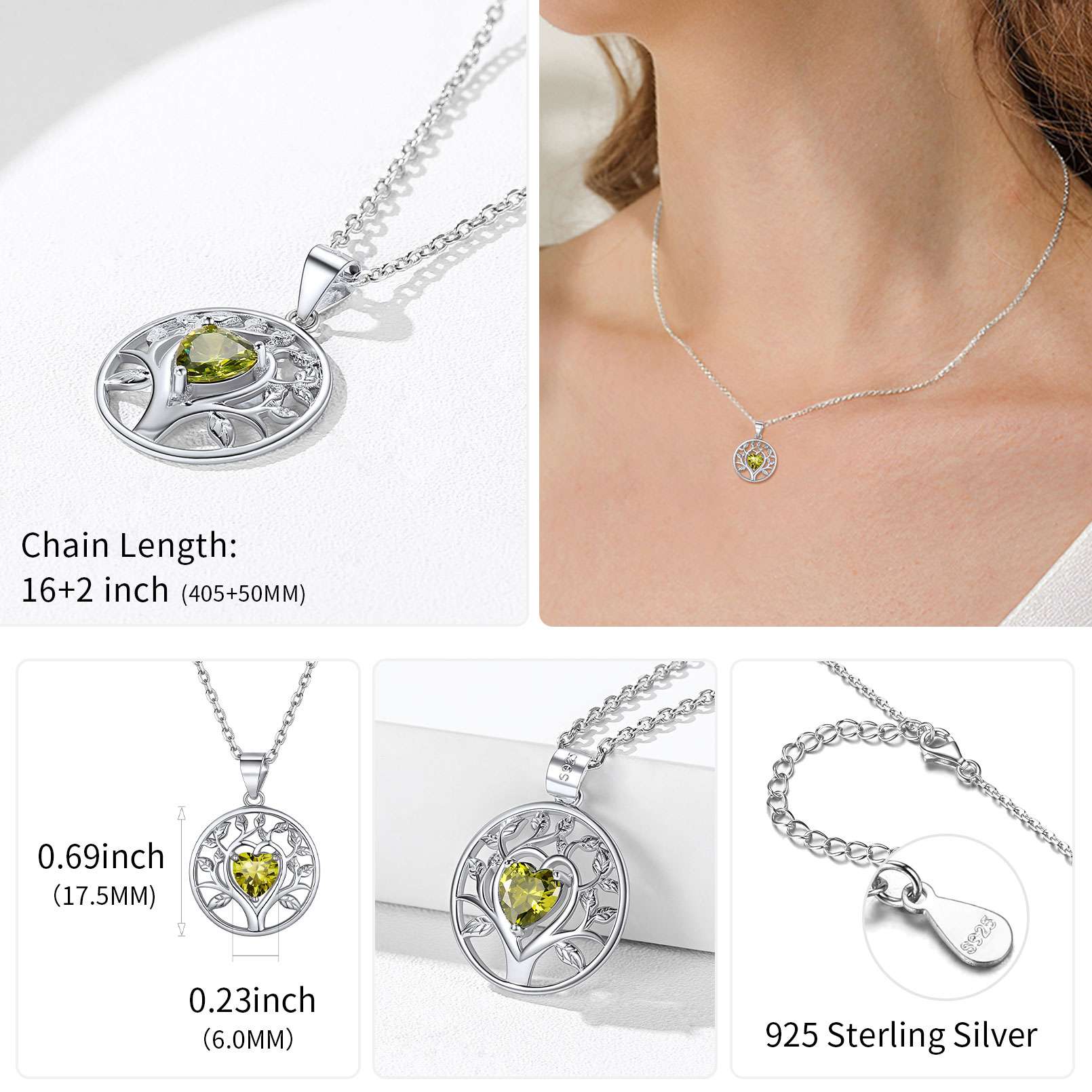 S925 Silver Tree Of Life Necklace With Heart Birthstone For Women
