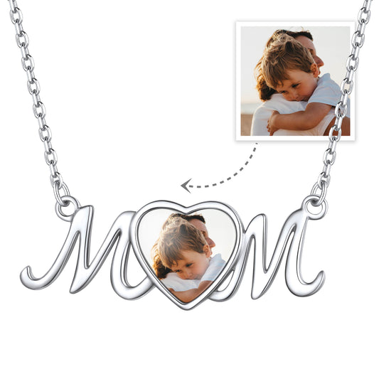 Sterling Silver Mom Heart Photo Necklace For Mother