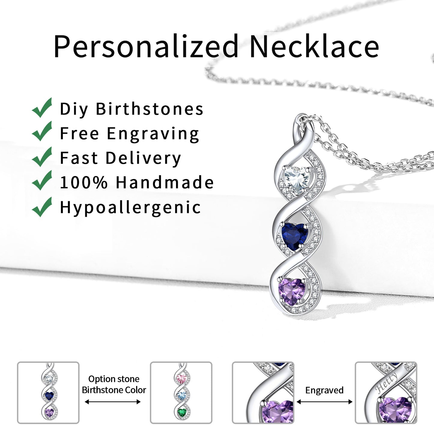 Custom Name 3 Birthstone Infinity Necklace for Mom