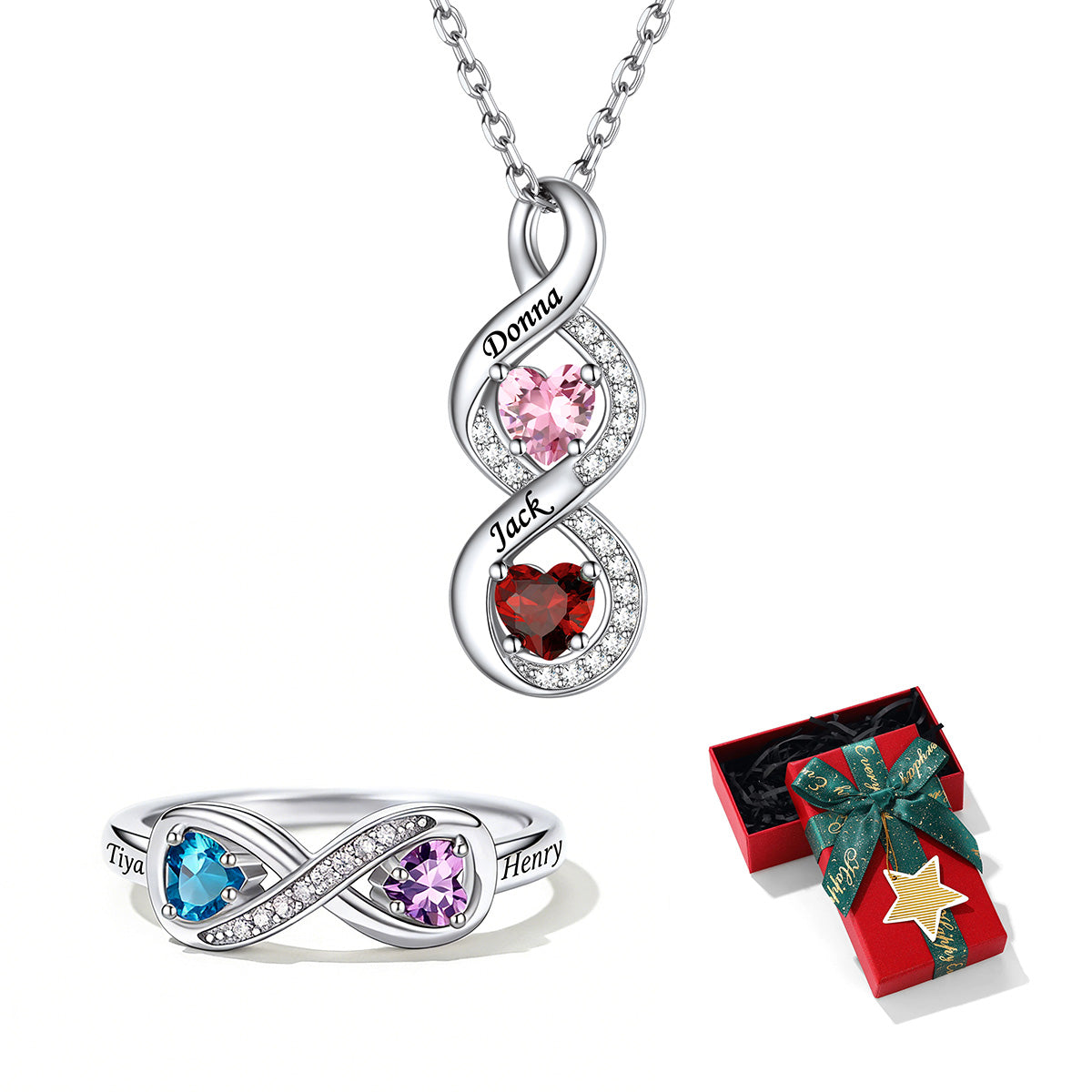 Personalized Infinity Birthstone Necklace and Ring Set for Women with xmas gift box on a white background