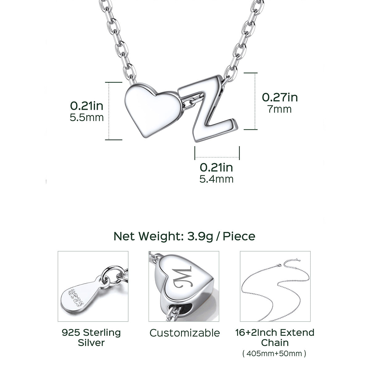 925 Sterling Silver Heart Initial Necklaces for Women