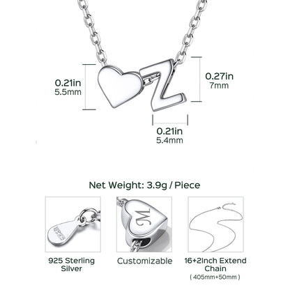 925 Sterling Silver Heart Initial Necklaces for Women