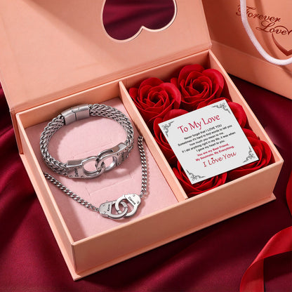 Personalized Handcuff Necklace and Bracelet Set for Couples