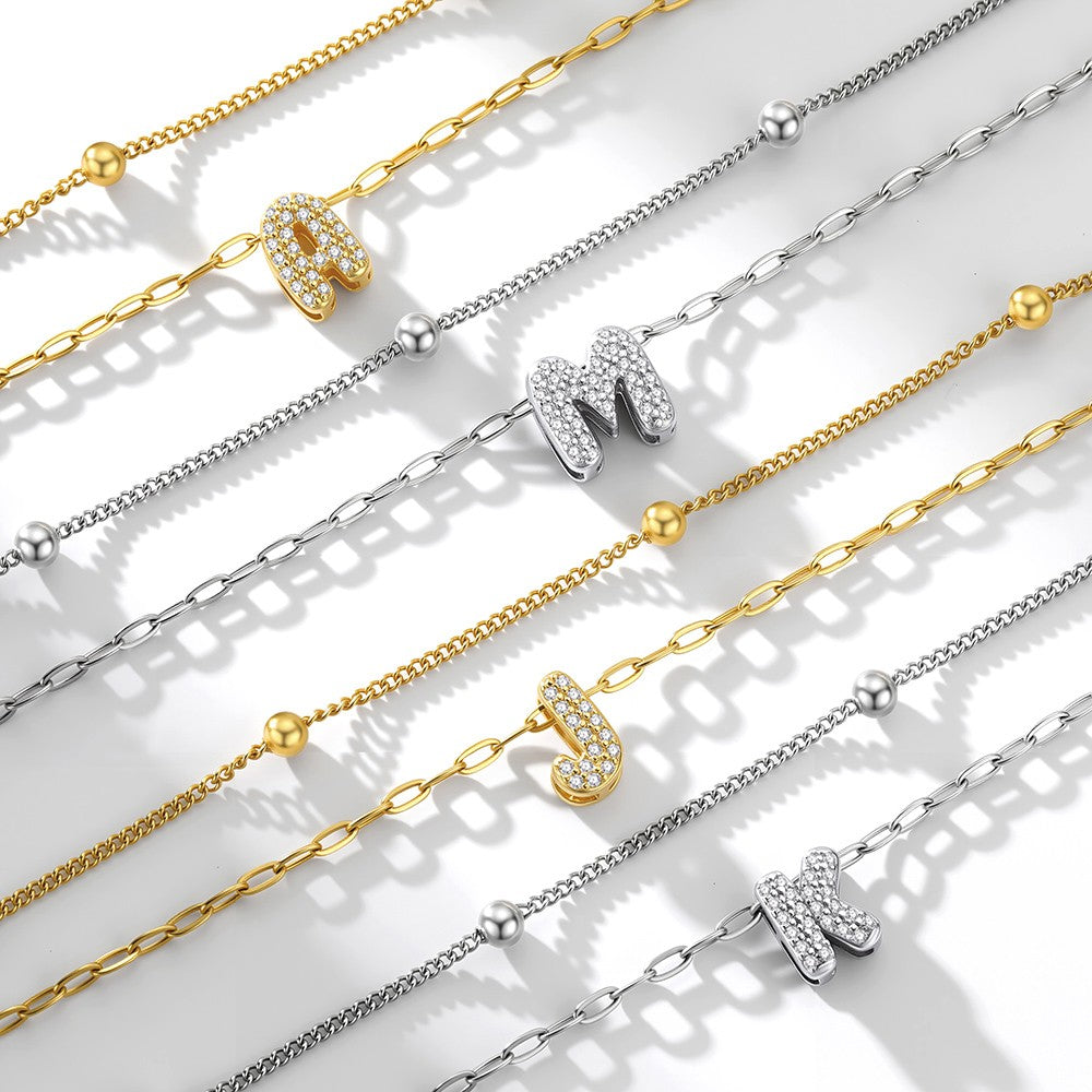 CZ Bubble Initial Anklets in different color