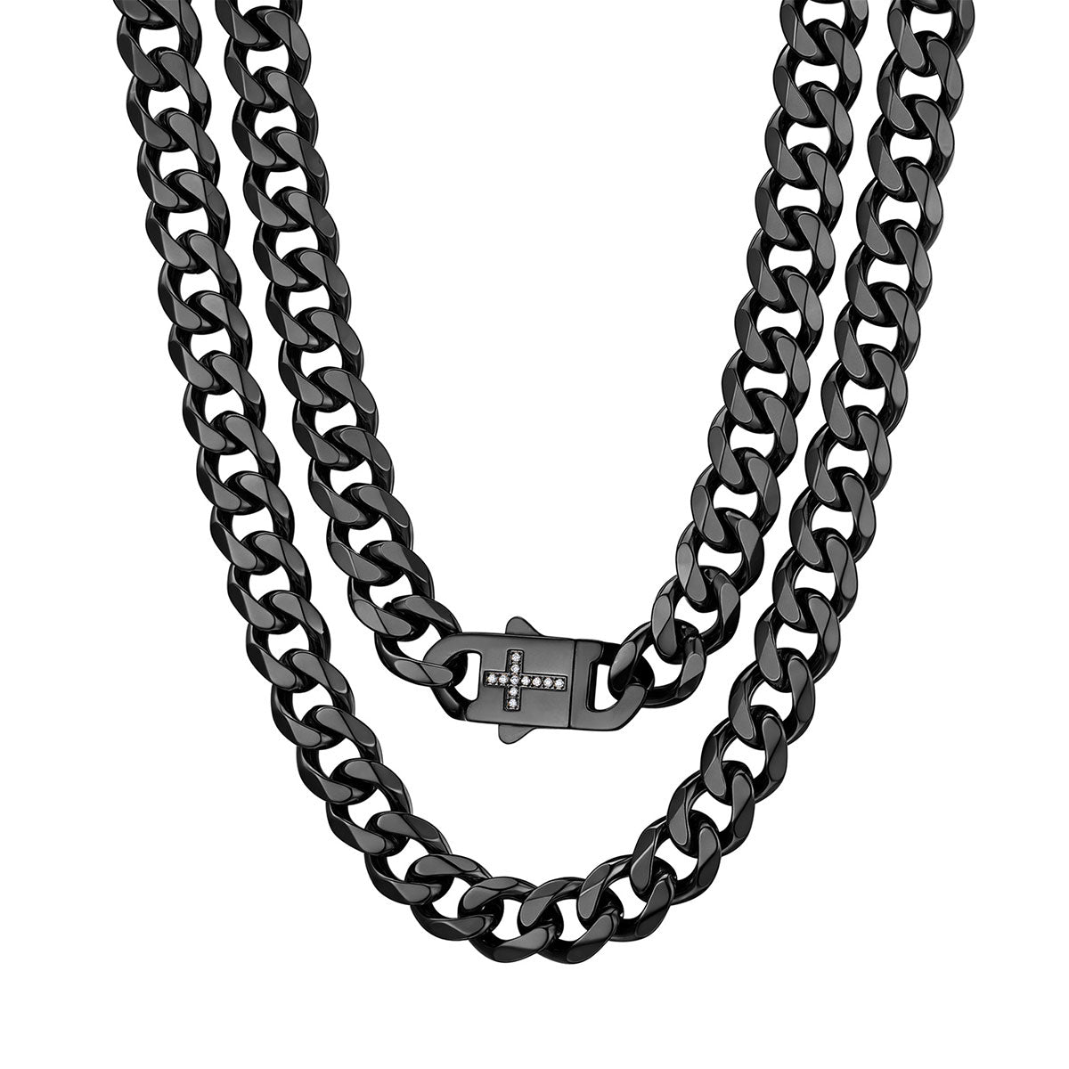 CZ Cross Cuban Link Chain Necklace 12mm Black Plated
