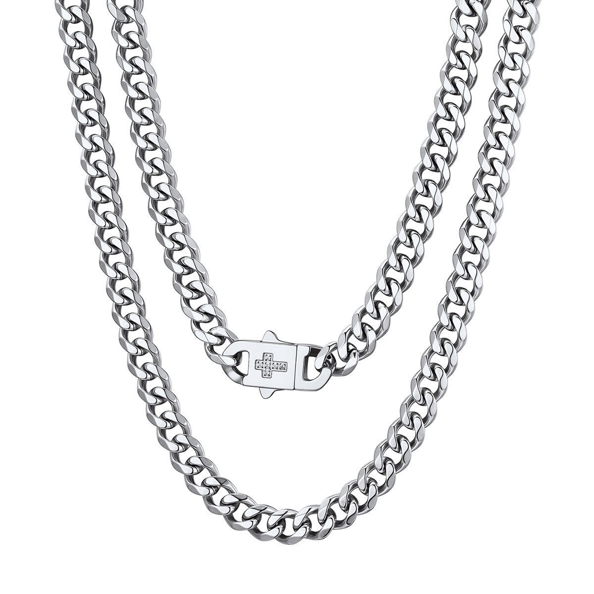 CZ Cross Cuban Link Chain Necklace in Stainless Steel 9mm