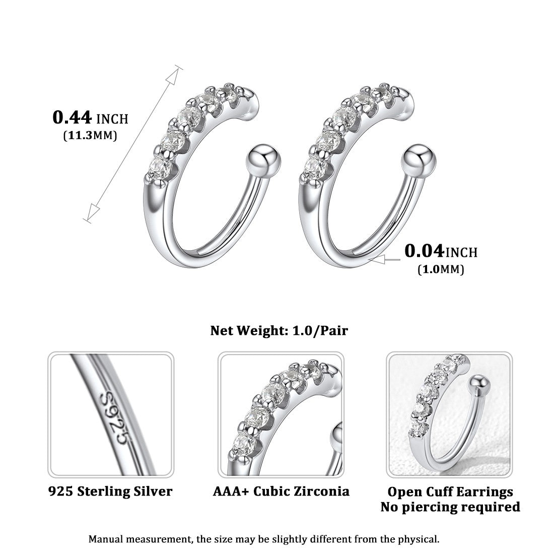 CZ Ear Cuff Clip on Earrings Dimension, Hypoallergenic