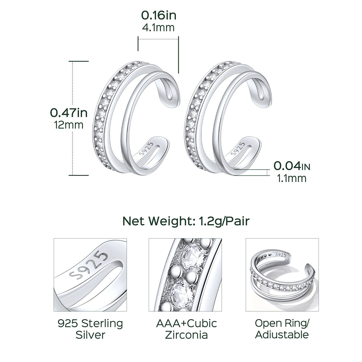 CZ Ear Cuff Earrings Clip On Earrings Dimension, Hypoallergenic