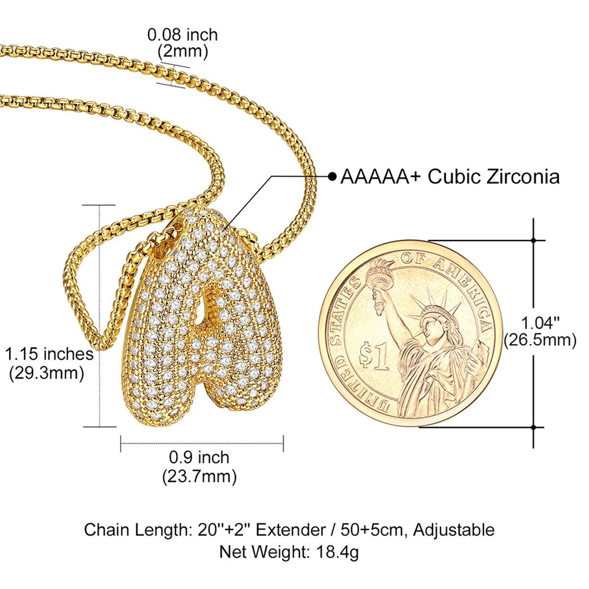 CZ Gold Bubble Letter Necklace Dimension, durable