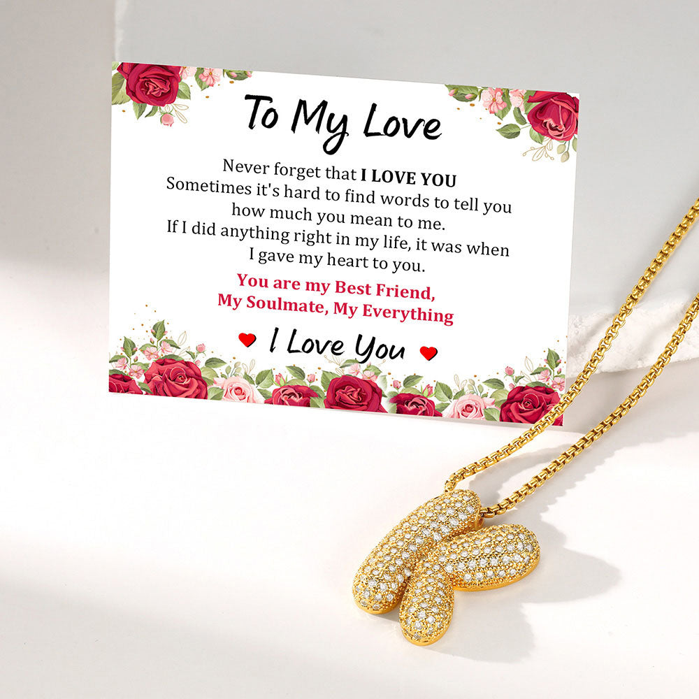 CZ Gold Bubble Letter Necklace with Greeting card