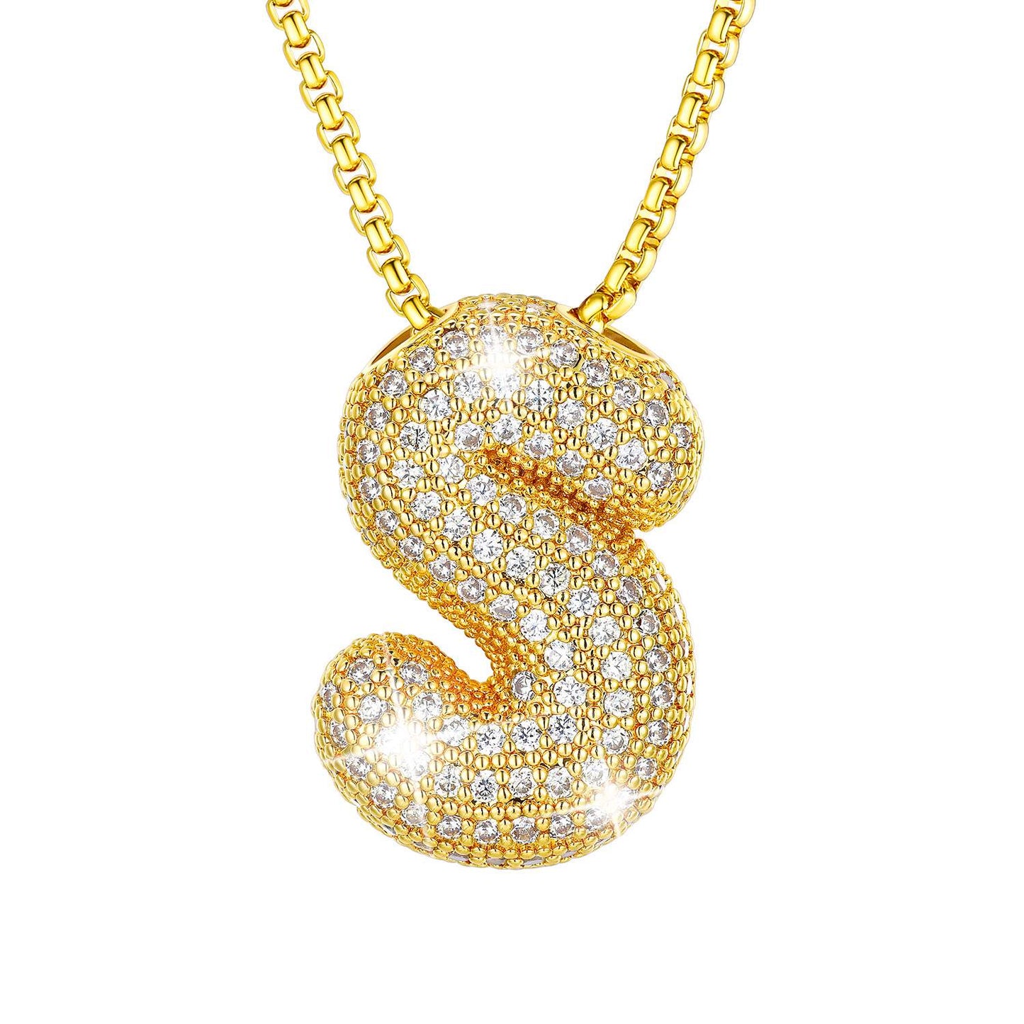 CZ Gold Bubble Letter S Necklace