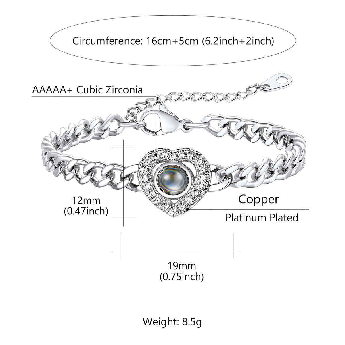 CZ Heart Charm Photo Projection Bracelet Cuban Chain Bracelet Dimension, Durable