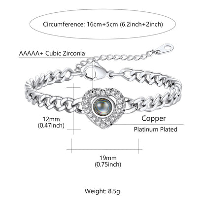 CZ Heart Charm Photo Projection Bracelet Cuban Chain Bracelet Dimension, Durable