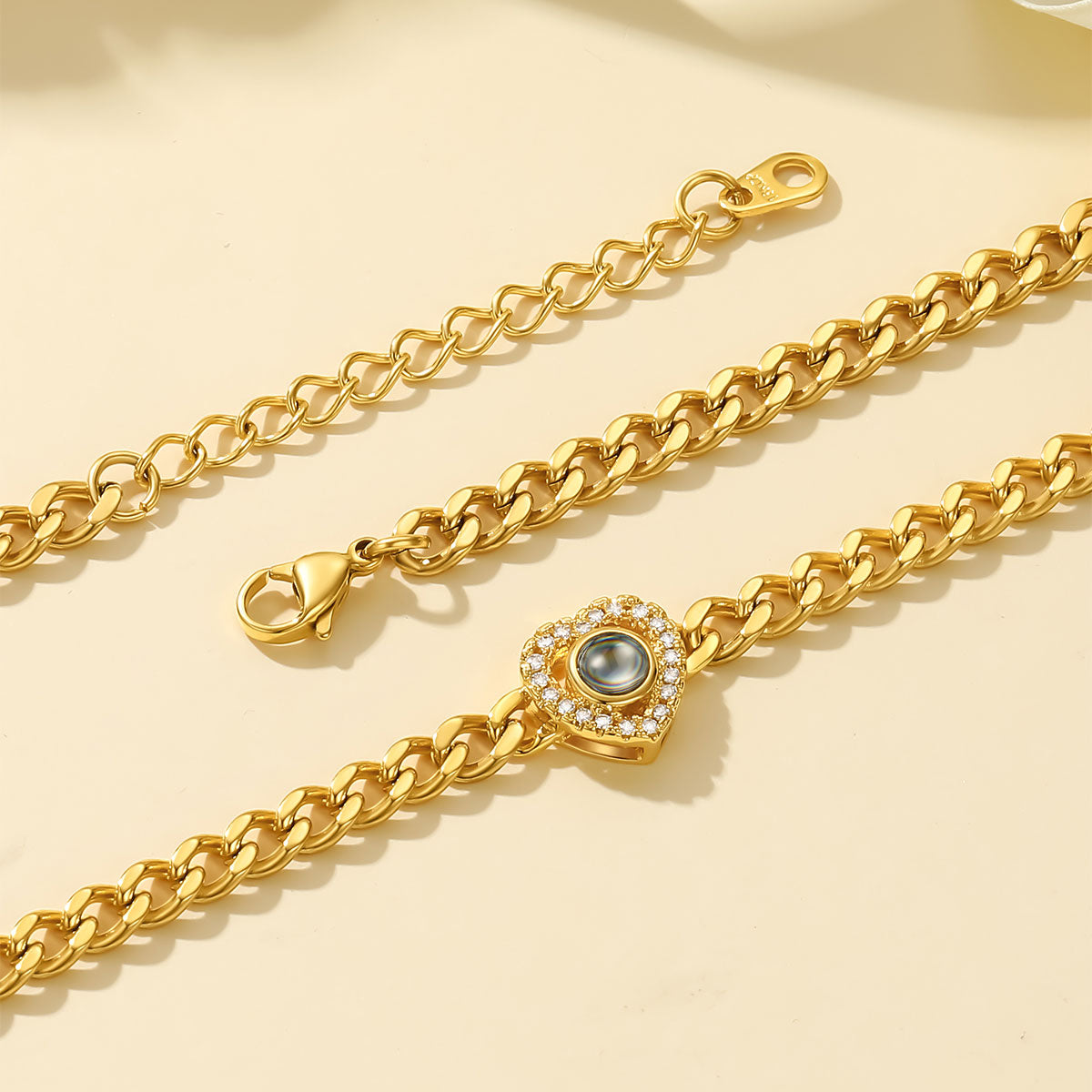 CZ Heart Charm Photo Projection Bracelet Cuban Chain Bracelet in Gold Plated