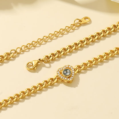 CZ Heart Charm Photo Projection Bracelet Cuban Chain Bracelet in Gold Plated
