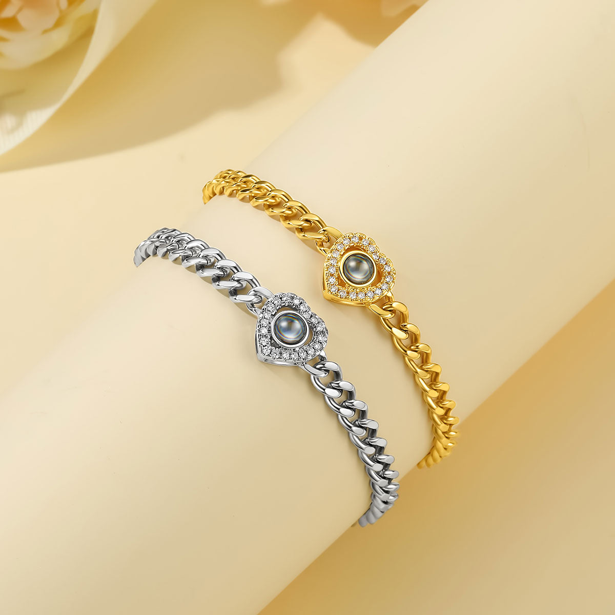 CZ Heart Charm Photo Projection Bracelet Cuban Chain Bracelet in different color