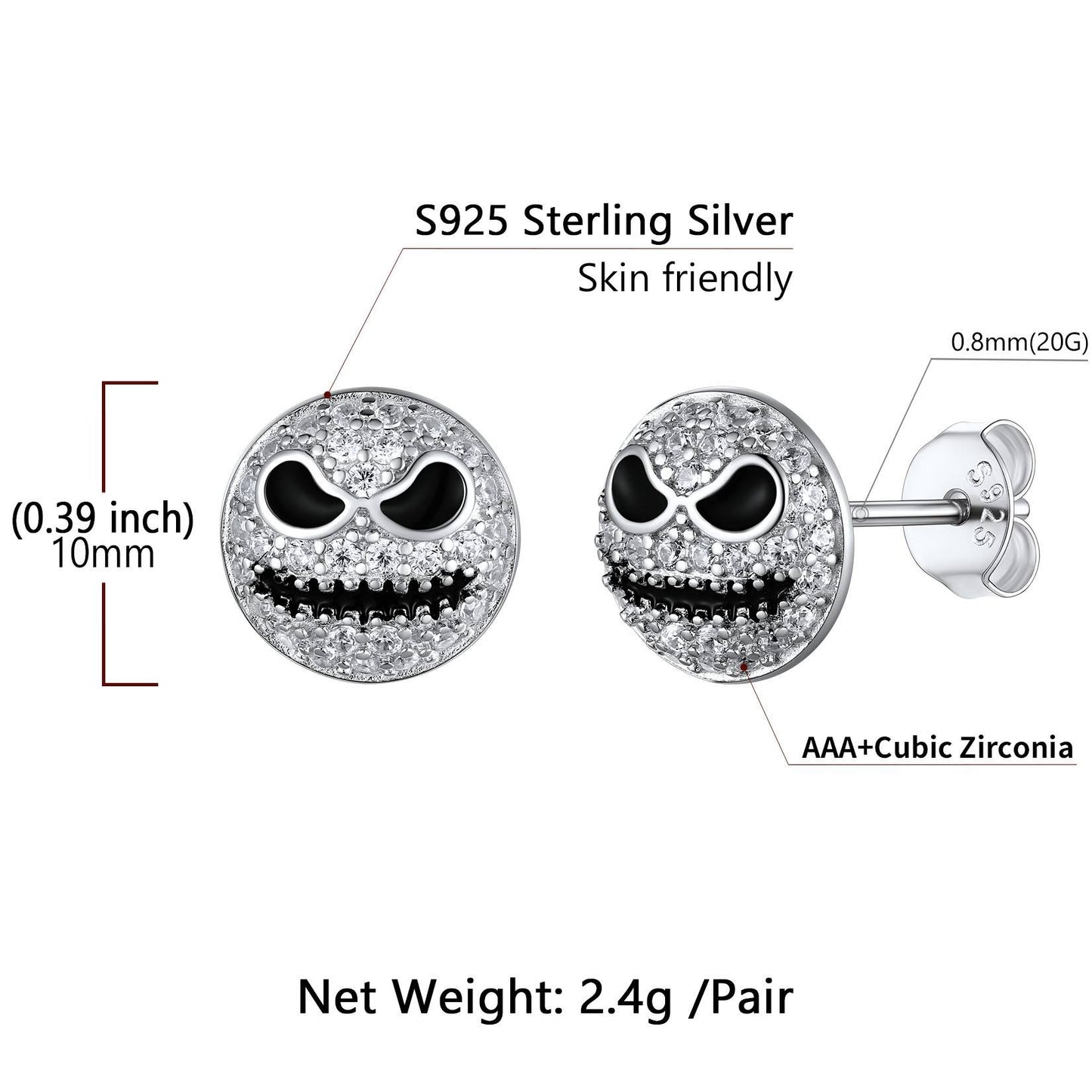 CZ Jack Skellington Stud Earrings:  Dimension, Hypoallergenic