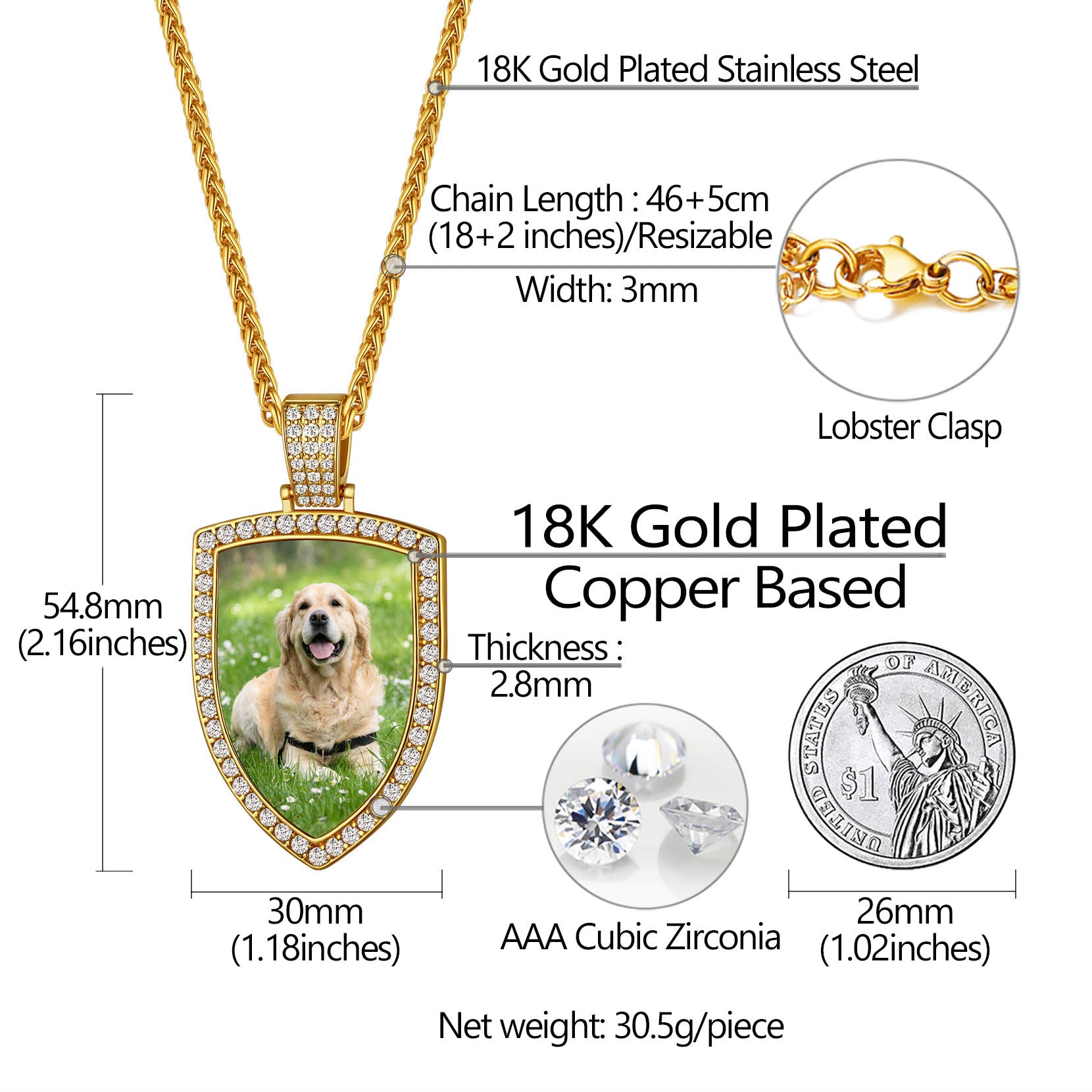 CZ Shield Pictures Necklace: Dimension, Durable, Solid