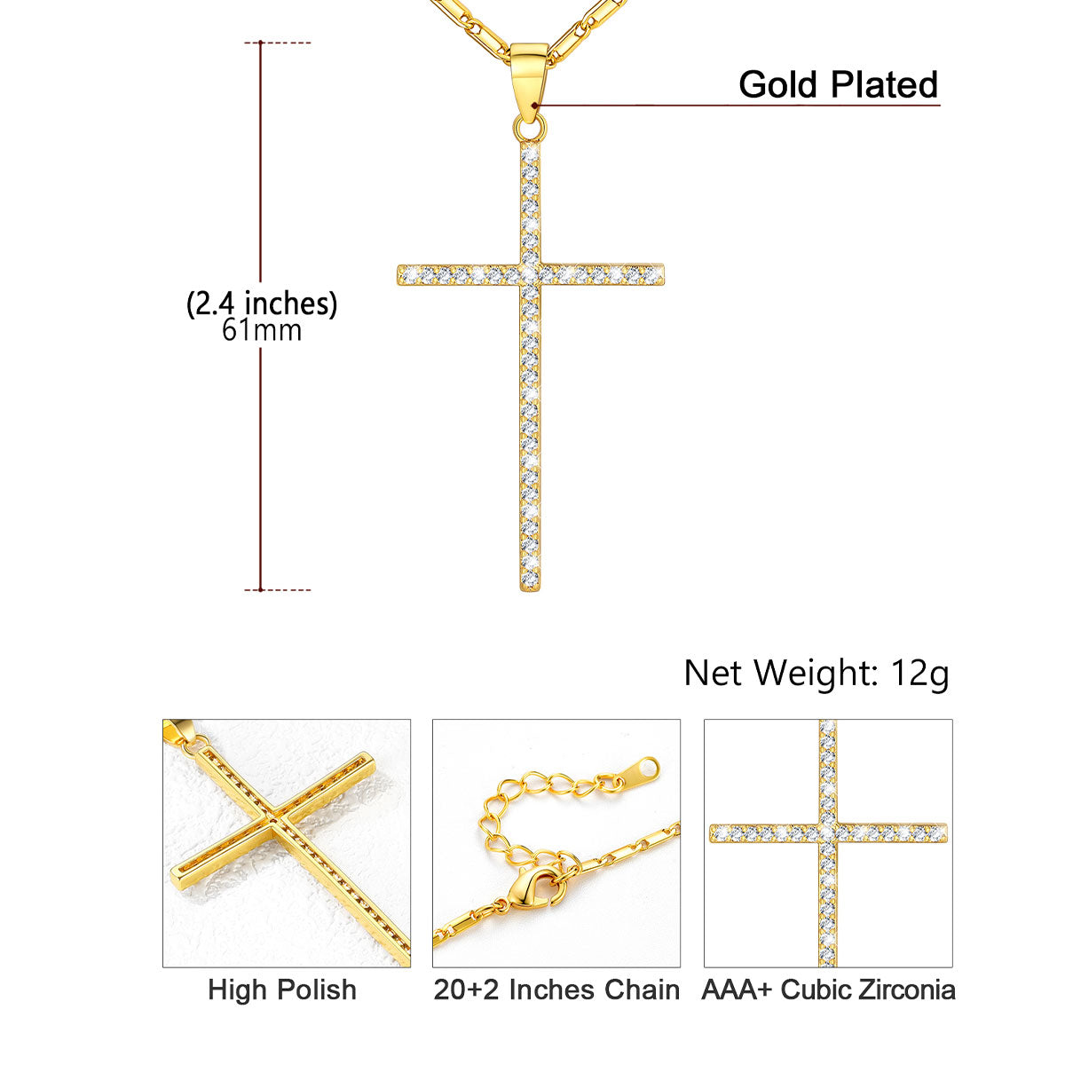 CZ Simple Cross Necklace: Dimension, Durable, Solid