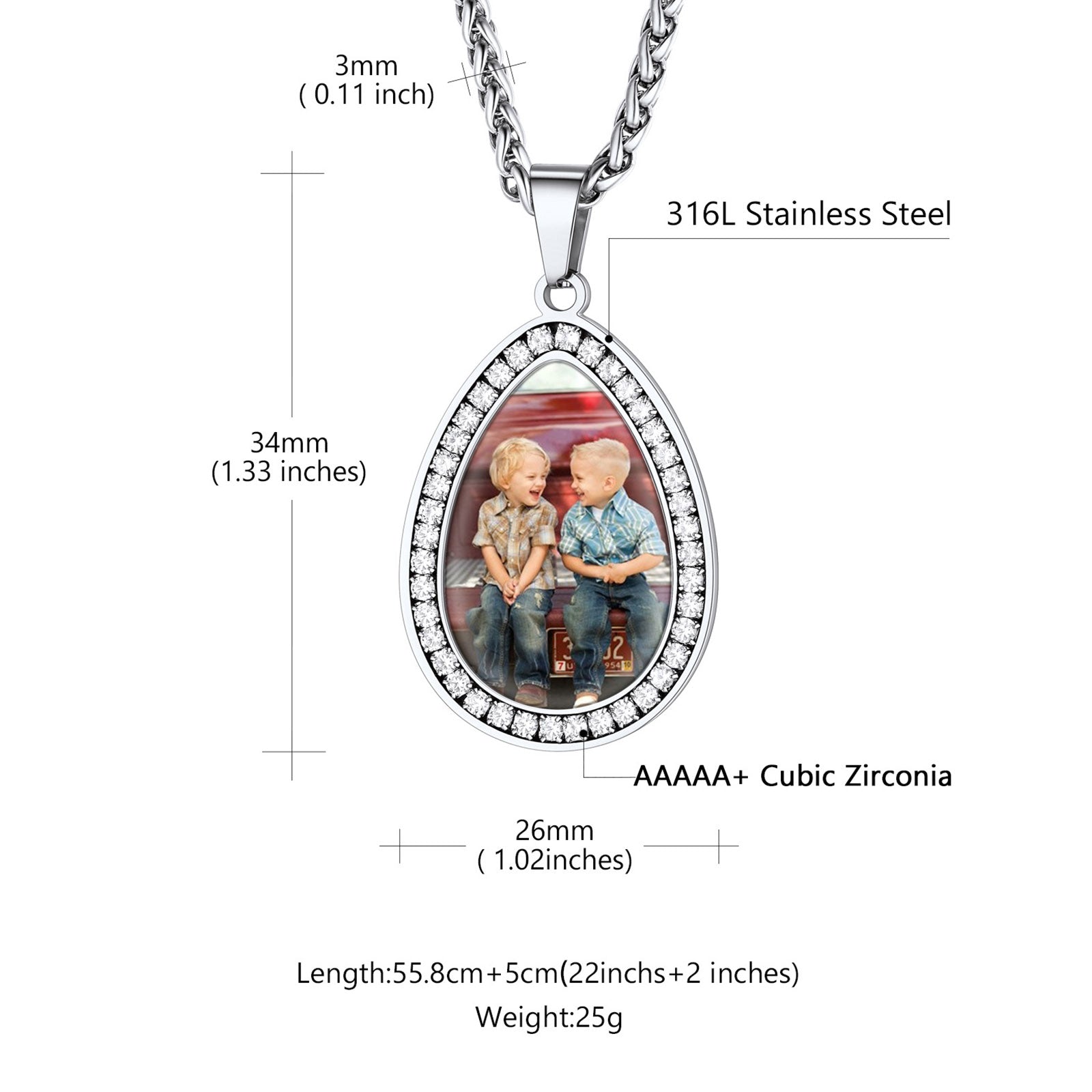 CZ Teardrop Picture Necklace Size