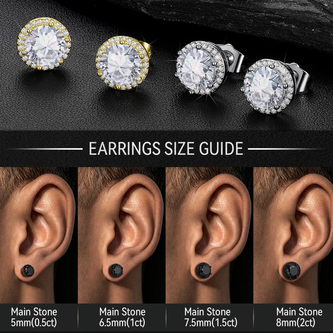 CZ black stud earrings of different size on the several ears