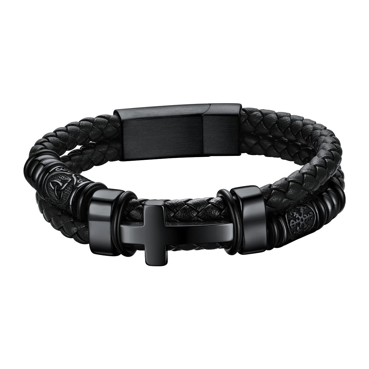 Celtic Knot Braided Leather Black Cross Bracelet for Men on a white background