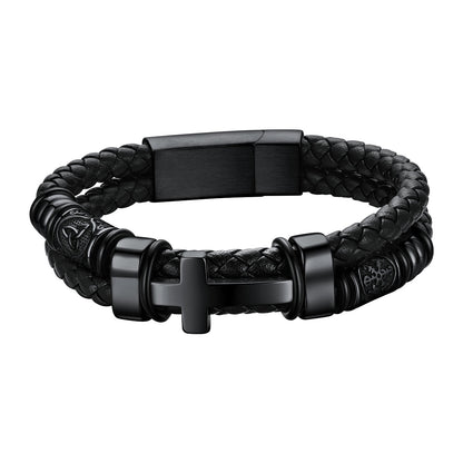 Celtic Knot Braided Leather Black Cross Bracelet for Men on a white background
