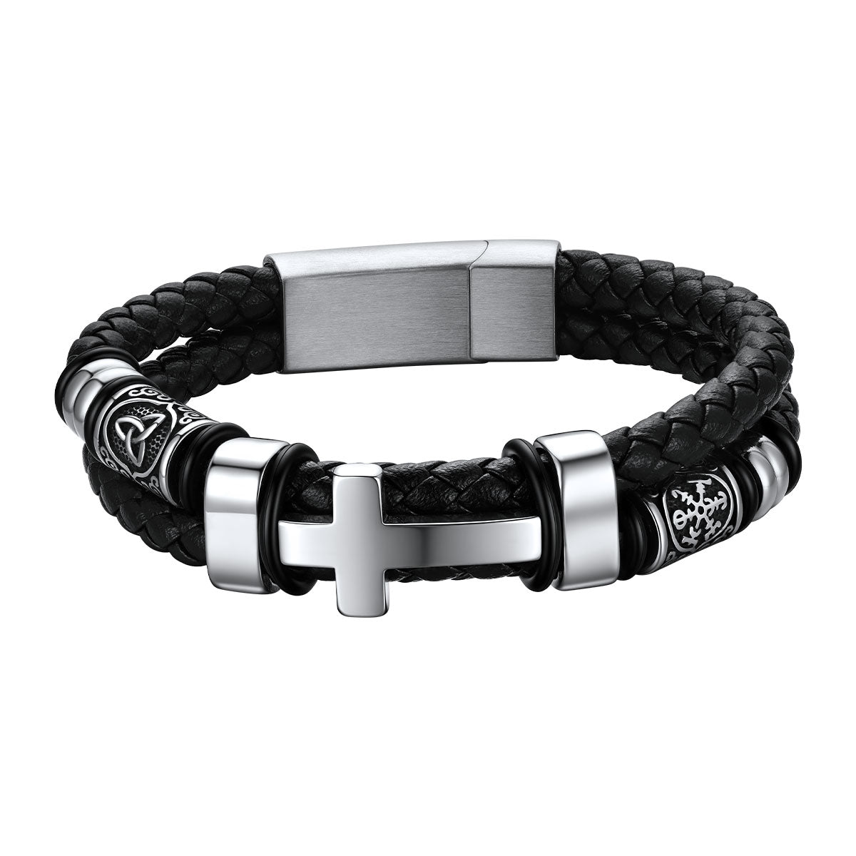 Celtic Knot Braided Leather Cross Bracelet for Men on a white background