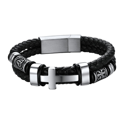 Celtic Knot Braided Leather Cross Bracelet for Men on a white background