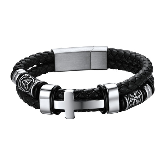 Celtic Knot Braided Leather Cross Bracelet for Men on a white background
