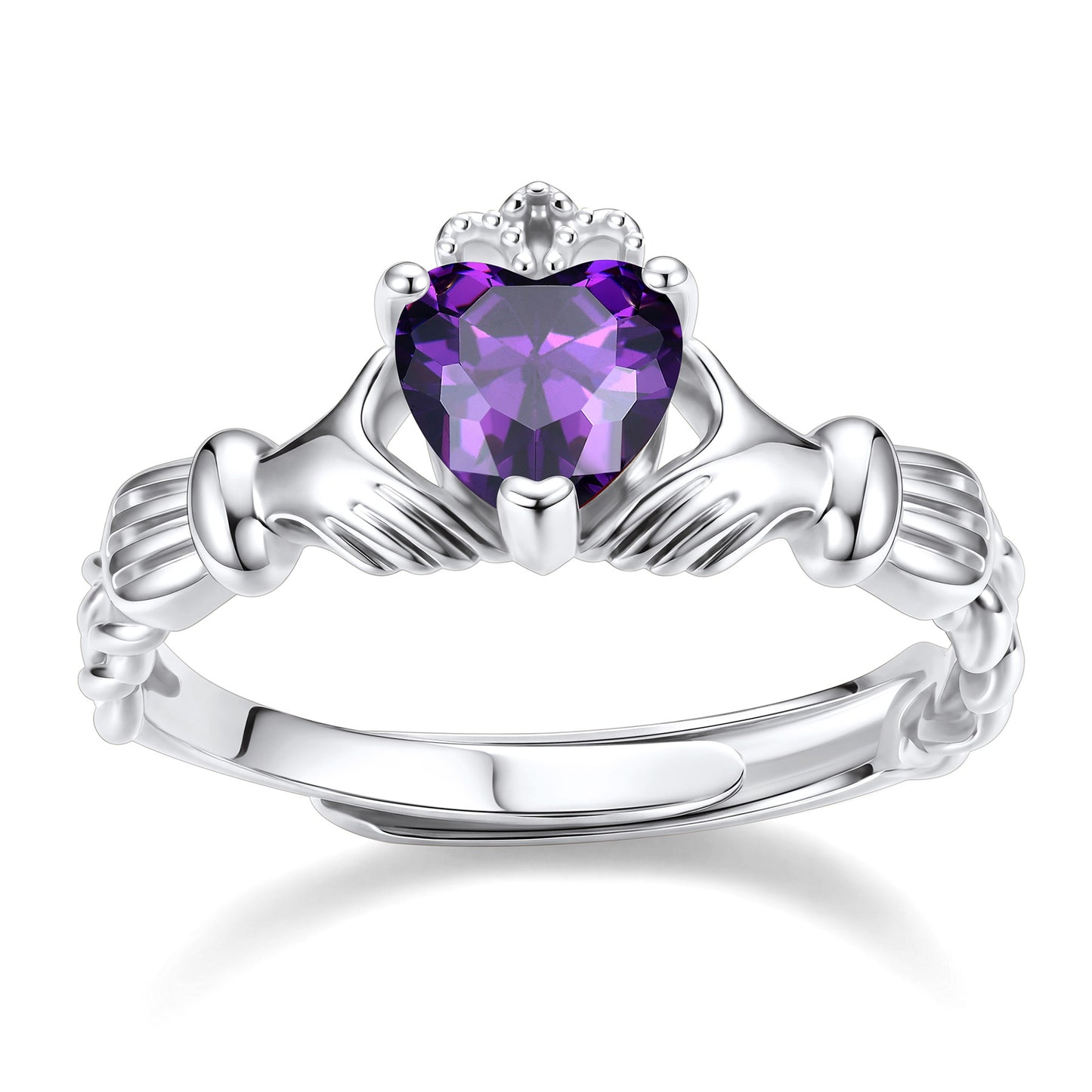Claddagh Heart February Birthstone Ring on a white background