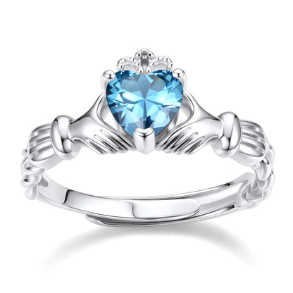 Claddagh Heart March Birthstone Ring on a white background